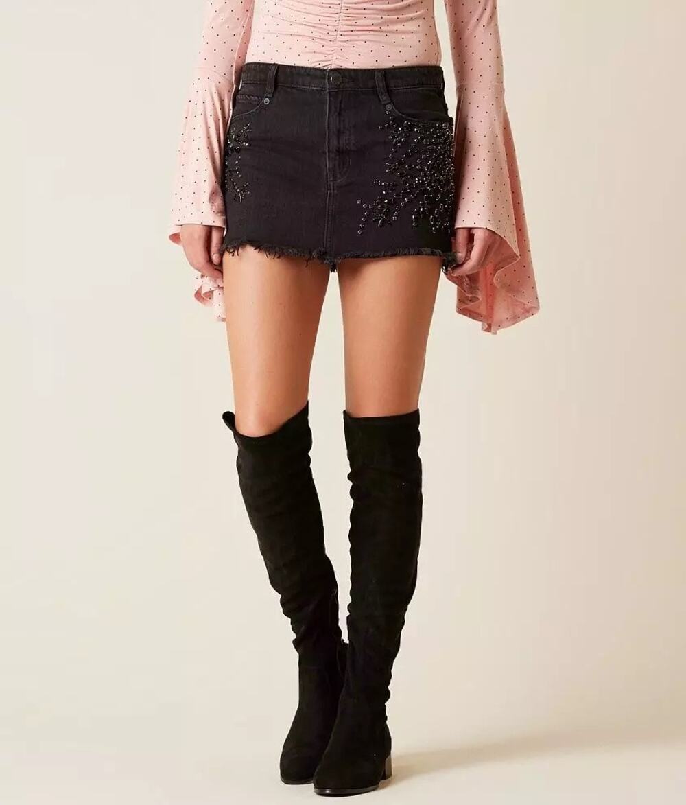 Free People Shine Bright Rhinestone Frayed Black Boho Festival Mini Skirt 4